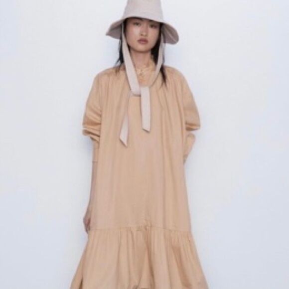 ZARA Cotton Long Sleeve Poplin Midi Dress Camel S - Picture 4 of 16